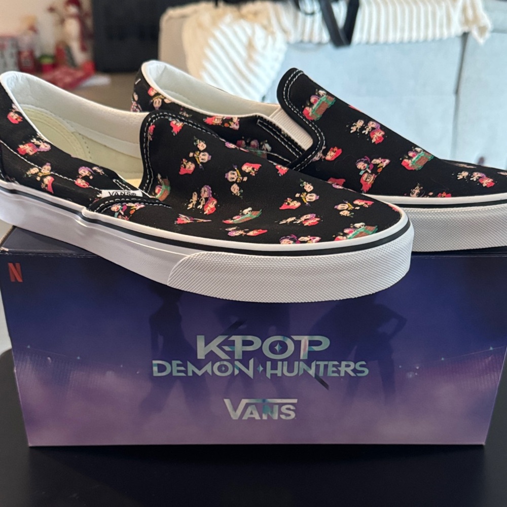 KPOP Demon Hunter Black Slip-On Vans with Rumi, Mira, Zoey Print